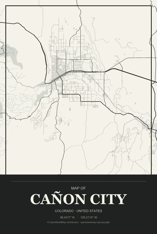 Cañon City, Colorado City Map Aluminum Sign in Museum Plaque style