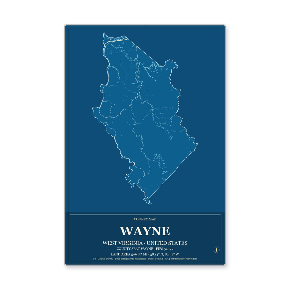Wayne County, West Virginia Map Aluminum Sign in Harbor Cobalt style