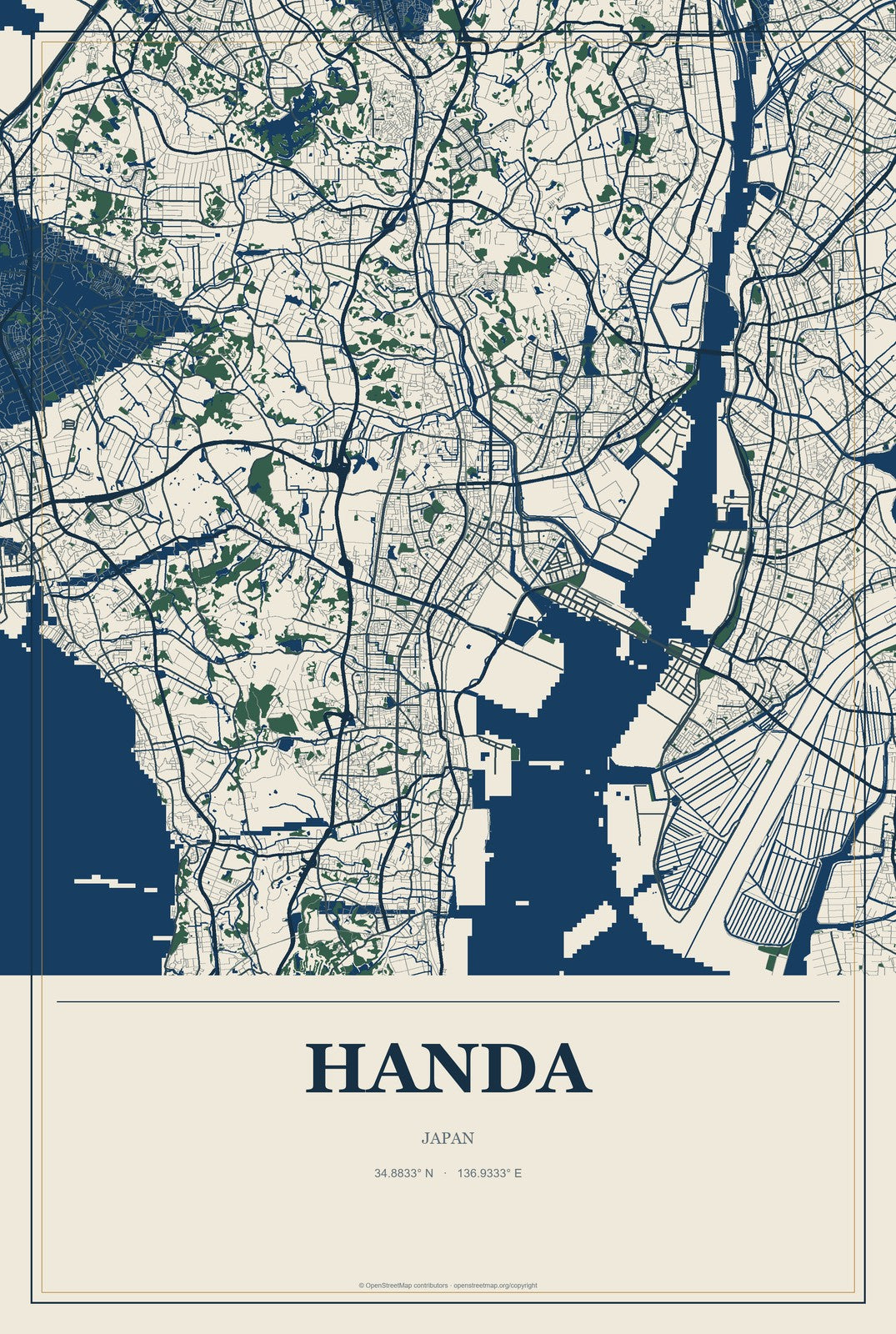 Handa, Japan City Map Aluminum Sign in Coastal Cutout style