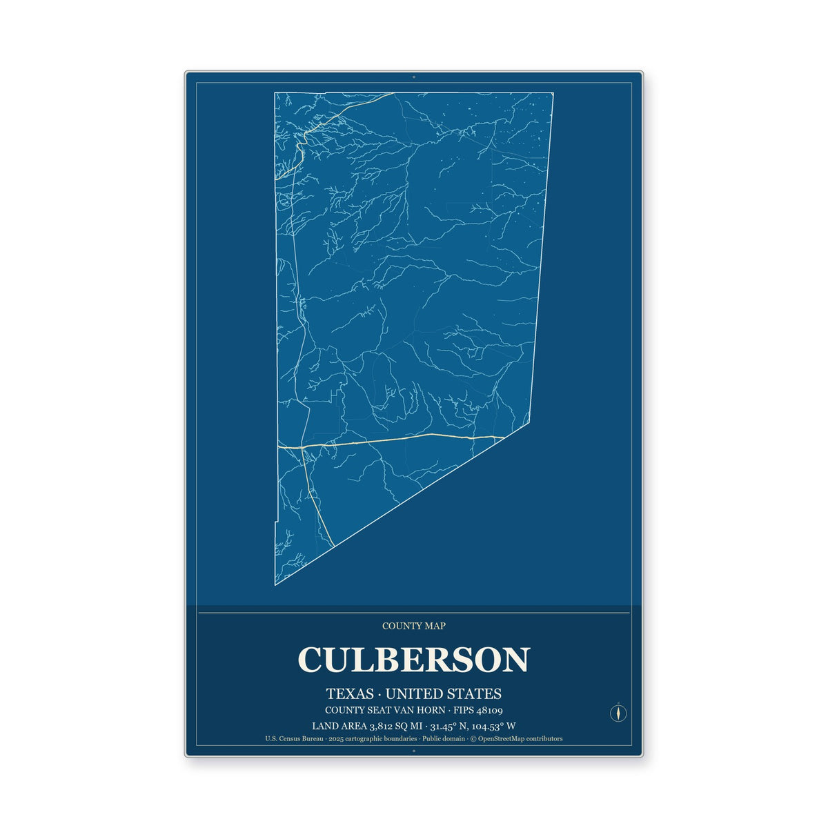 Culberson County, Texas Map Aluminum Sign in Harbor Cobalt style
