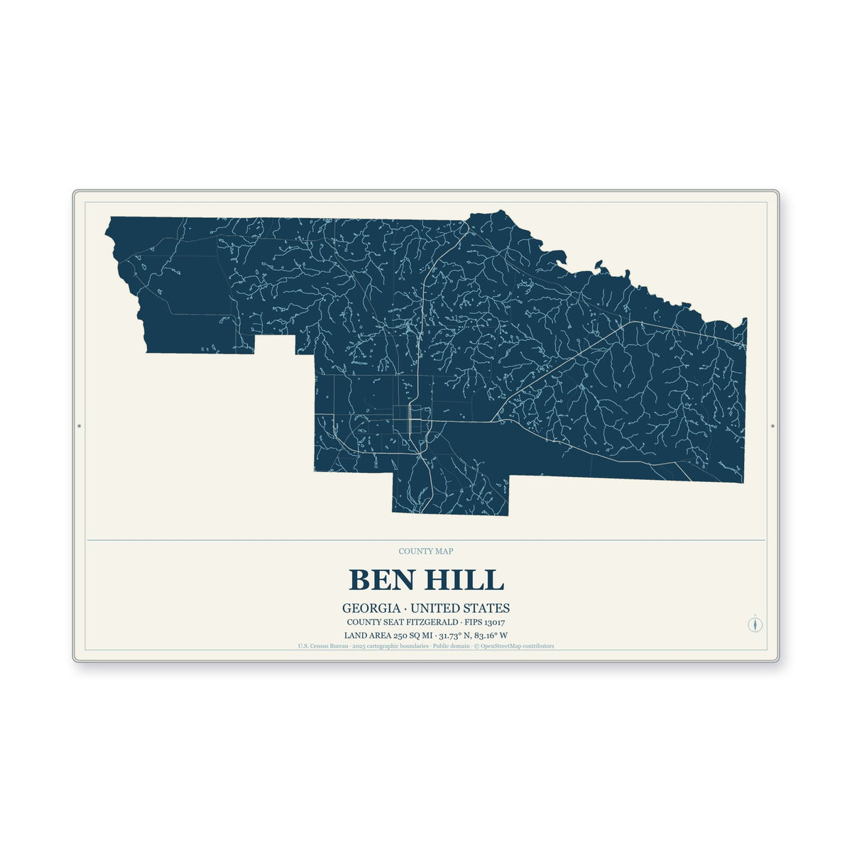 Ben Hill County, Georgia Map Aluminum Sign in Coastal Cutout style