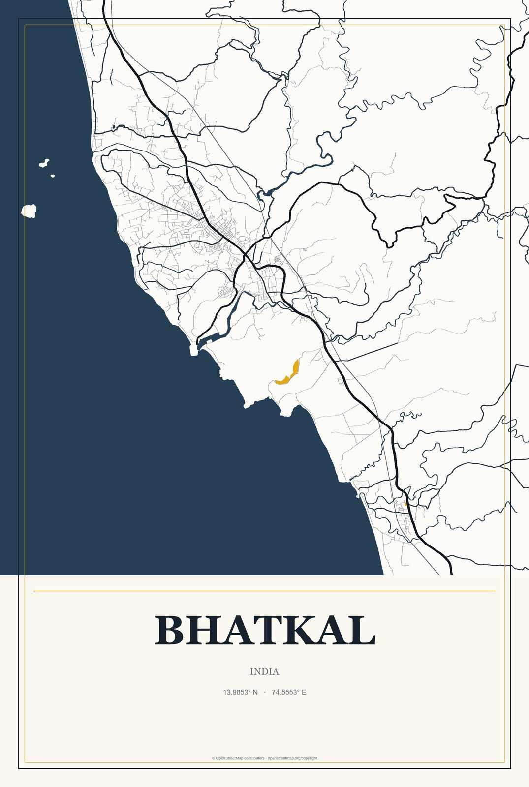 Bhatkal, India City Map Aluminum Sign in Citrine Modern style