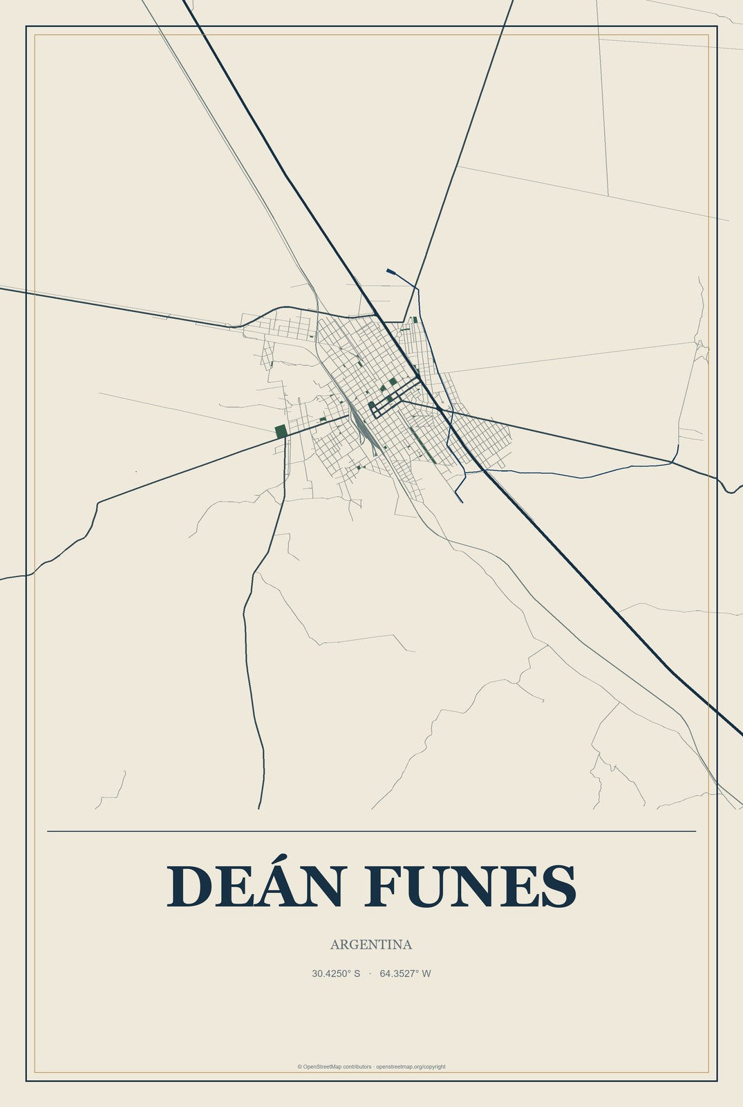 Deán Funes, Argentina City Map Aluminum Sign in Coastal Cutout style