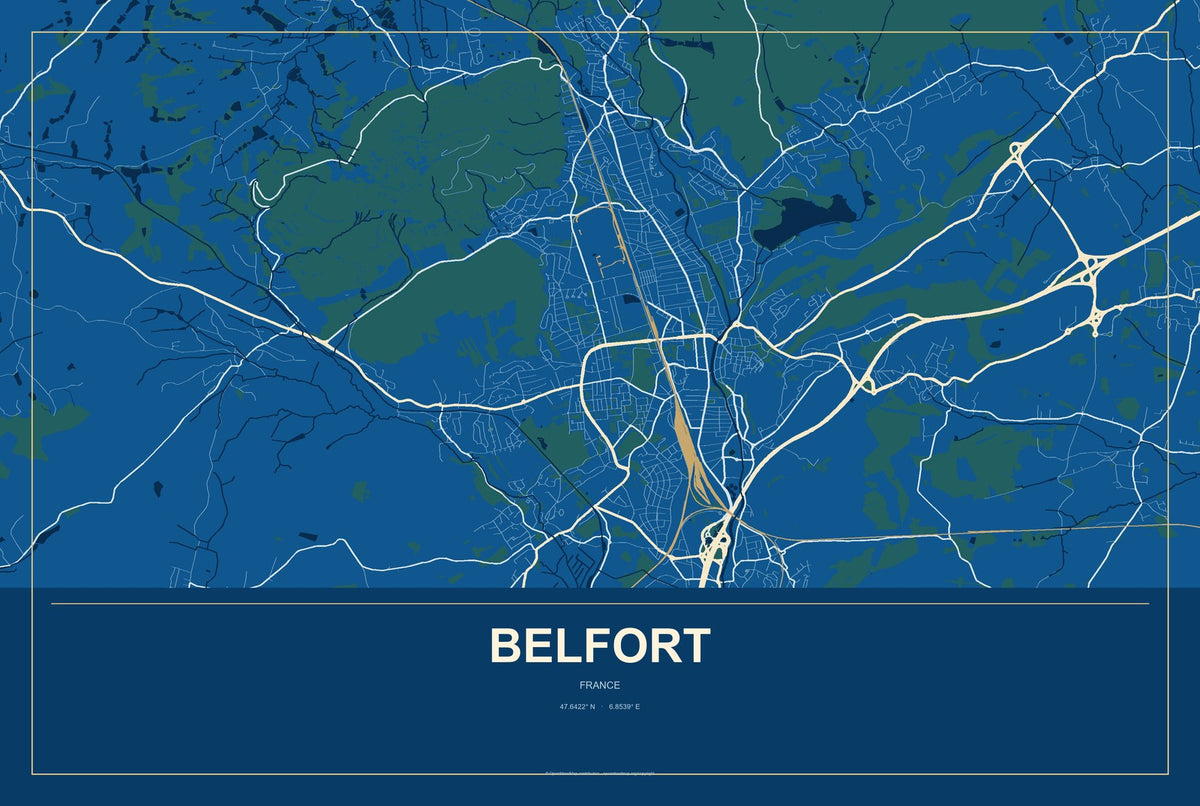 Belfort, France City Map Aluminum Sign in Harbor Cobalt style