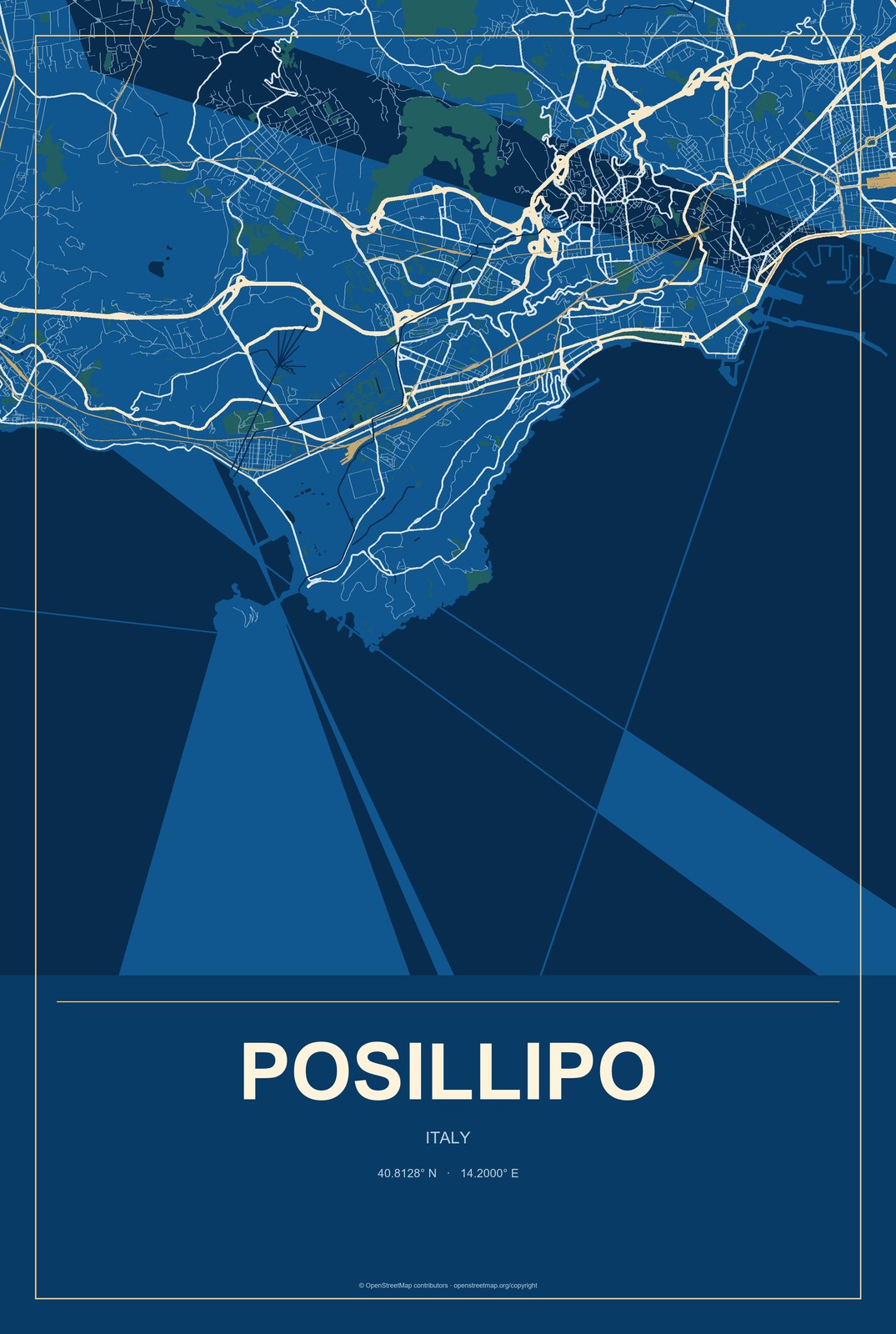 Posillipo, Italy City Map Aluminum Sign in Harbor Cobalt style