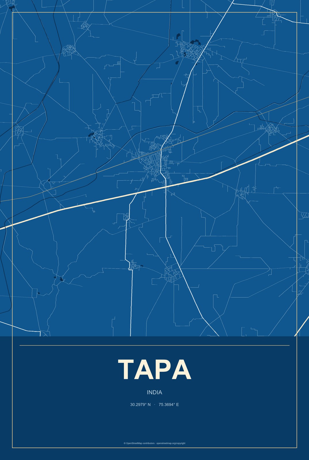 Tapa, India City Map Aluminum Sign in Harbor Cobalt style