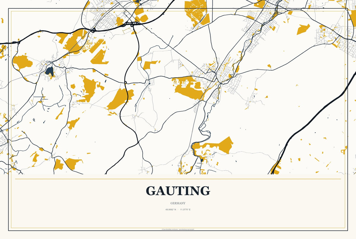 Gauting, Germany City Map Aluminum Sign in Citrine Modern style