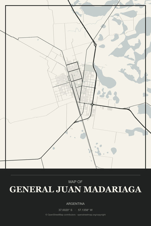 General Juan Madariaga, Argentina City Map Aluminum Sign in Museum Plaque style