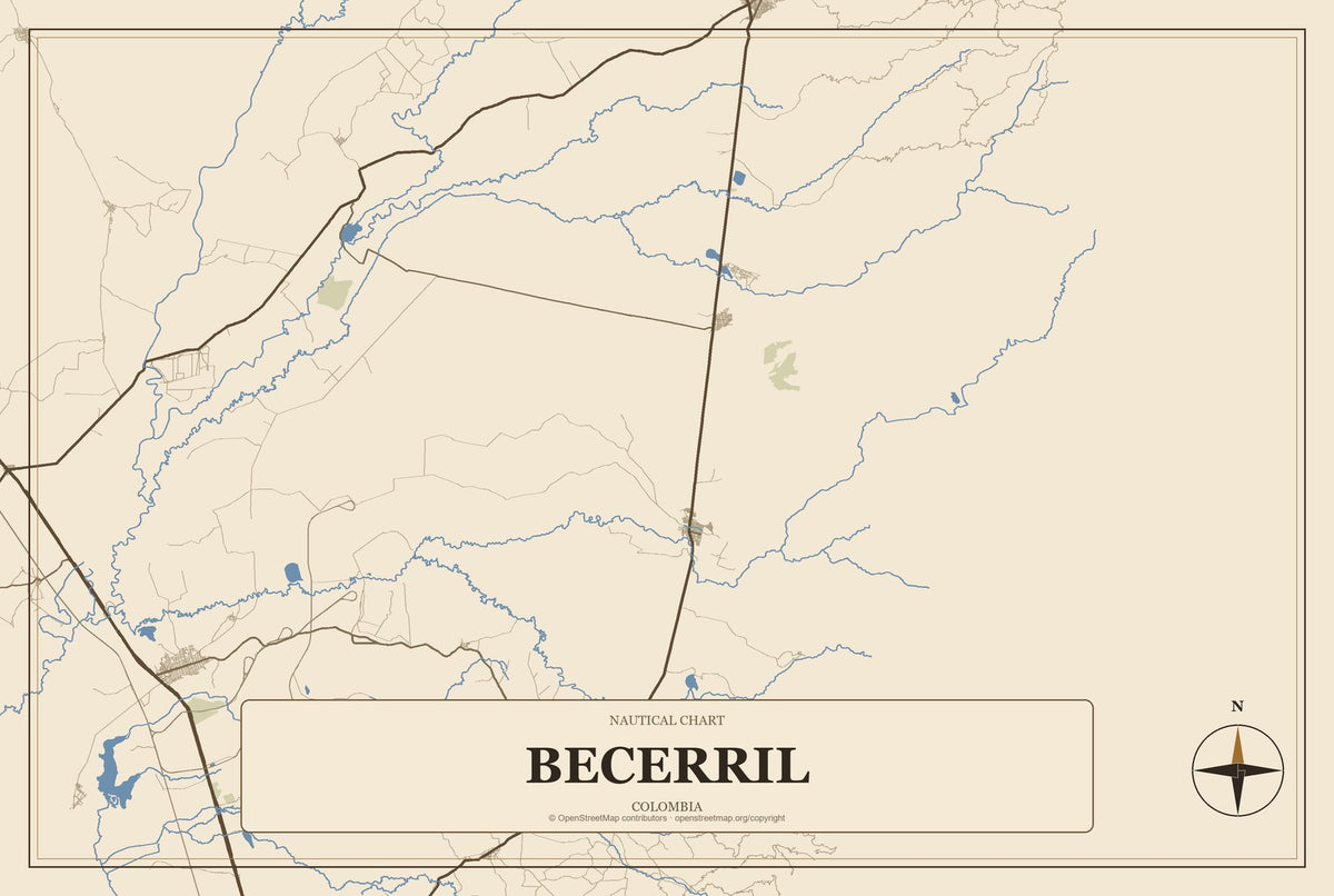 Becerril, Colombia City Map Aluminum Sign in Heritage Nautical style