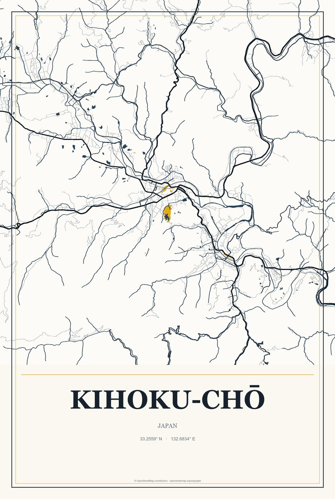 Kihoku-chō, Japan City Map Aluminum Sign in Citrine Modern style