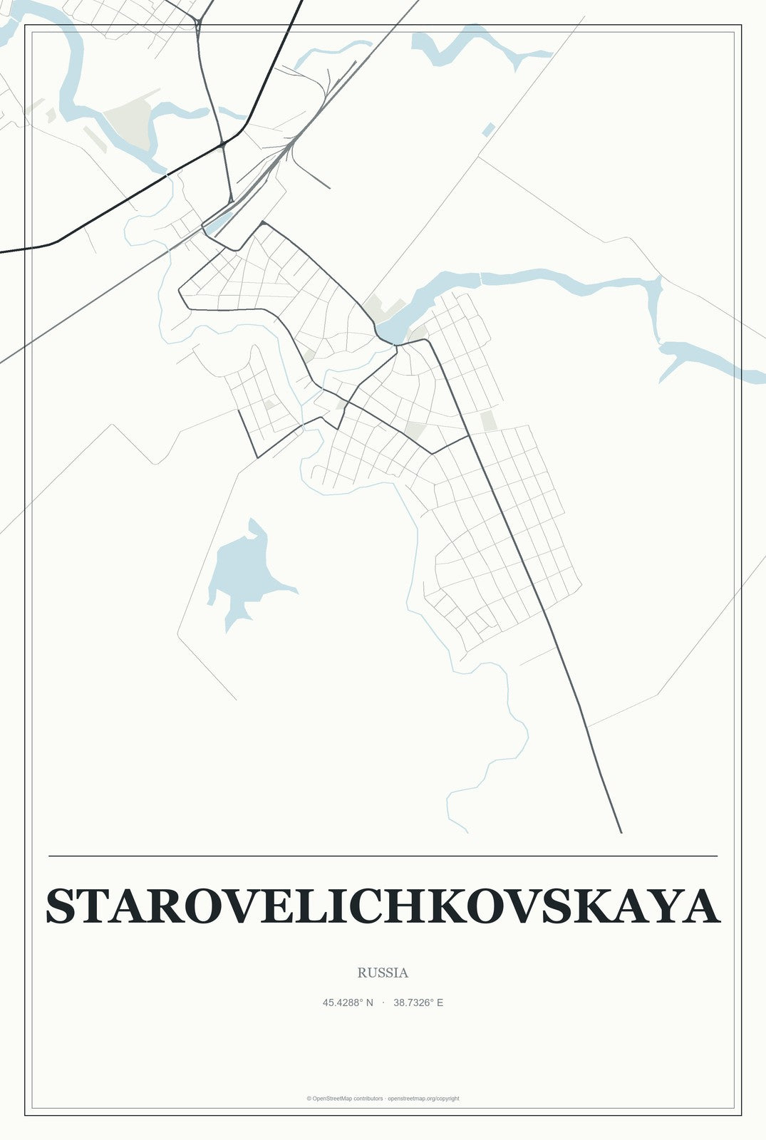 Starovelichkovskaya, Russia City Map Aluminum Sign in Gallery Air style