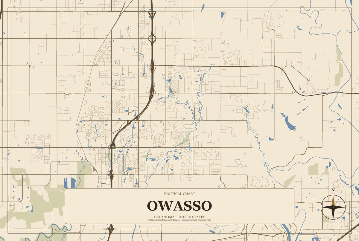 Owasso, Oklahoma City Map Aluminum Sign in Heritage Nautical style