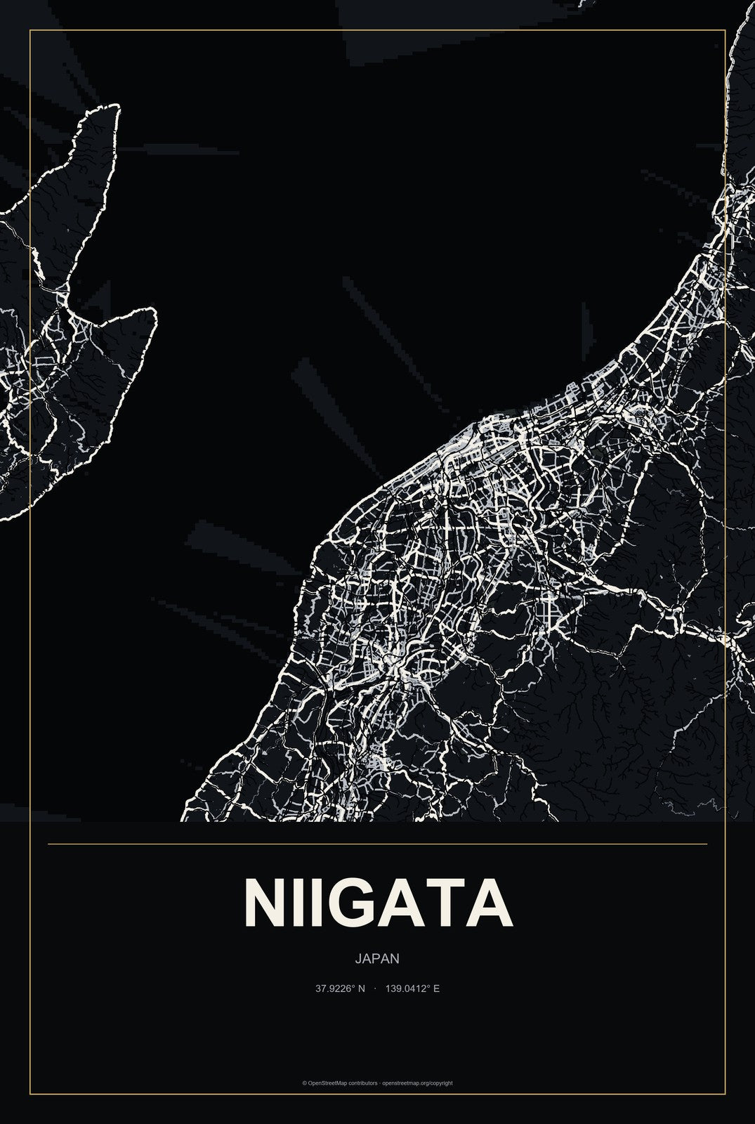 Niigata, Japan City Map Aluminum Sign in Metropolitan Noir style