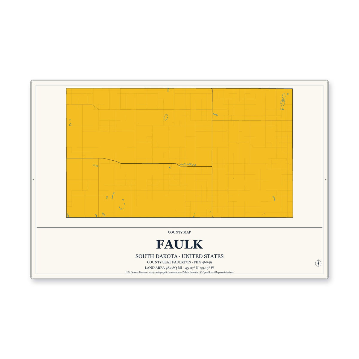 Faulk County, South Dakota Map Aluminum Sign in Citrine Modern style