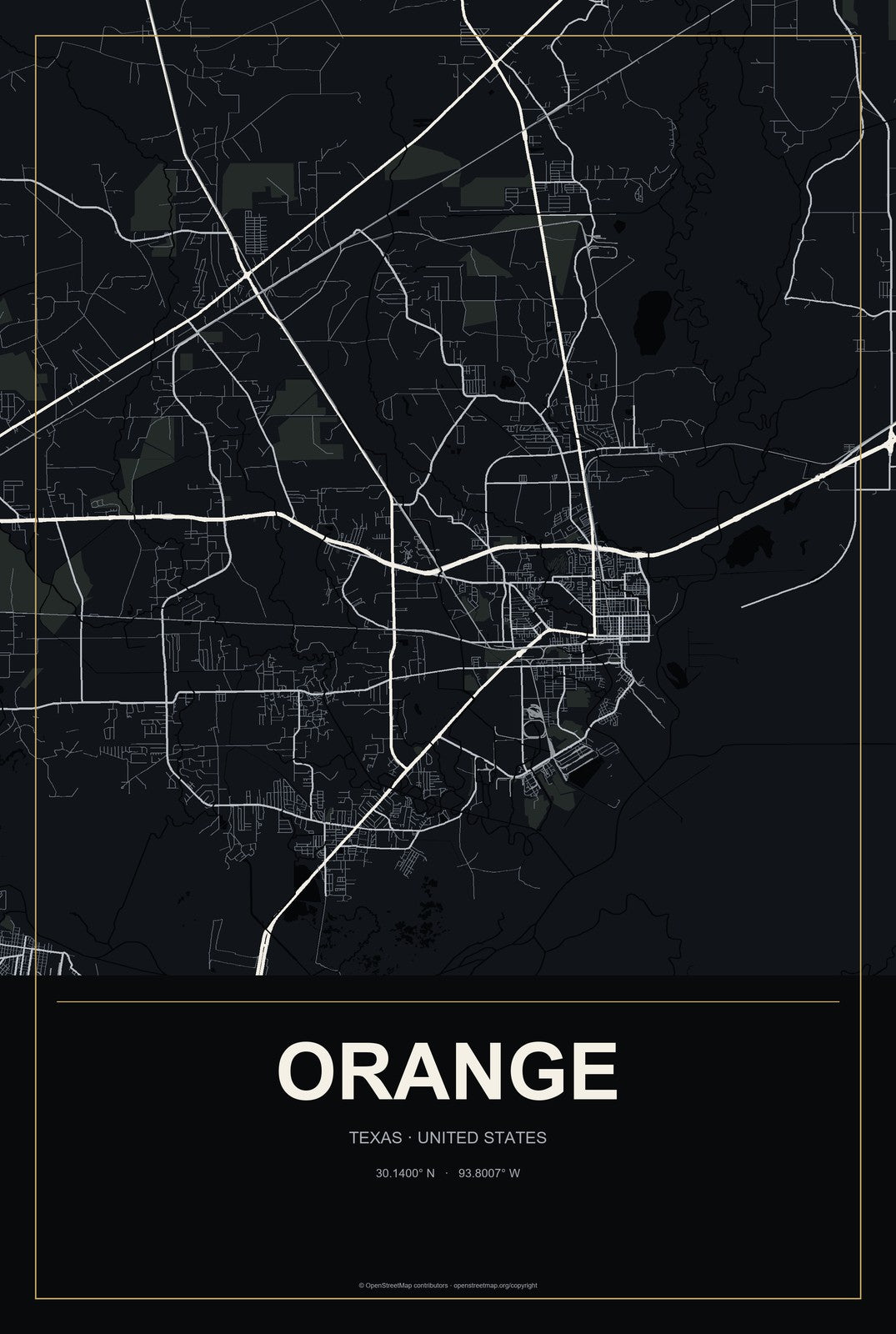 Orange, Texas City Map Aluminum Sign in Metropolitan Noir style