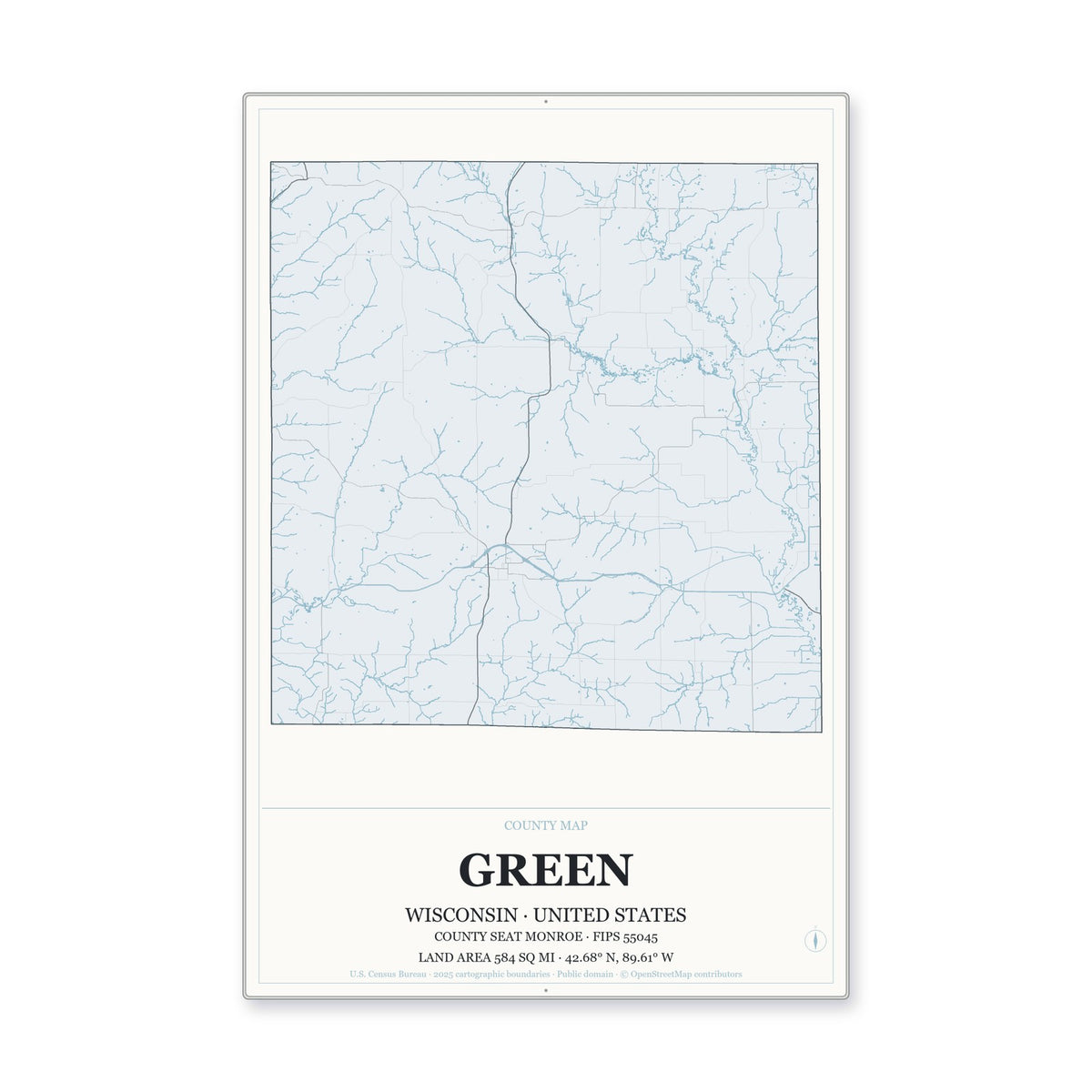 Green County, Wisconsin Map Aluminum Sign in Gallery Air style