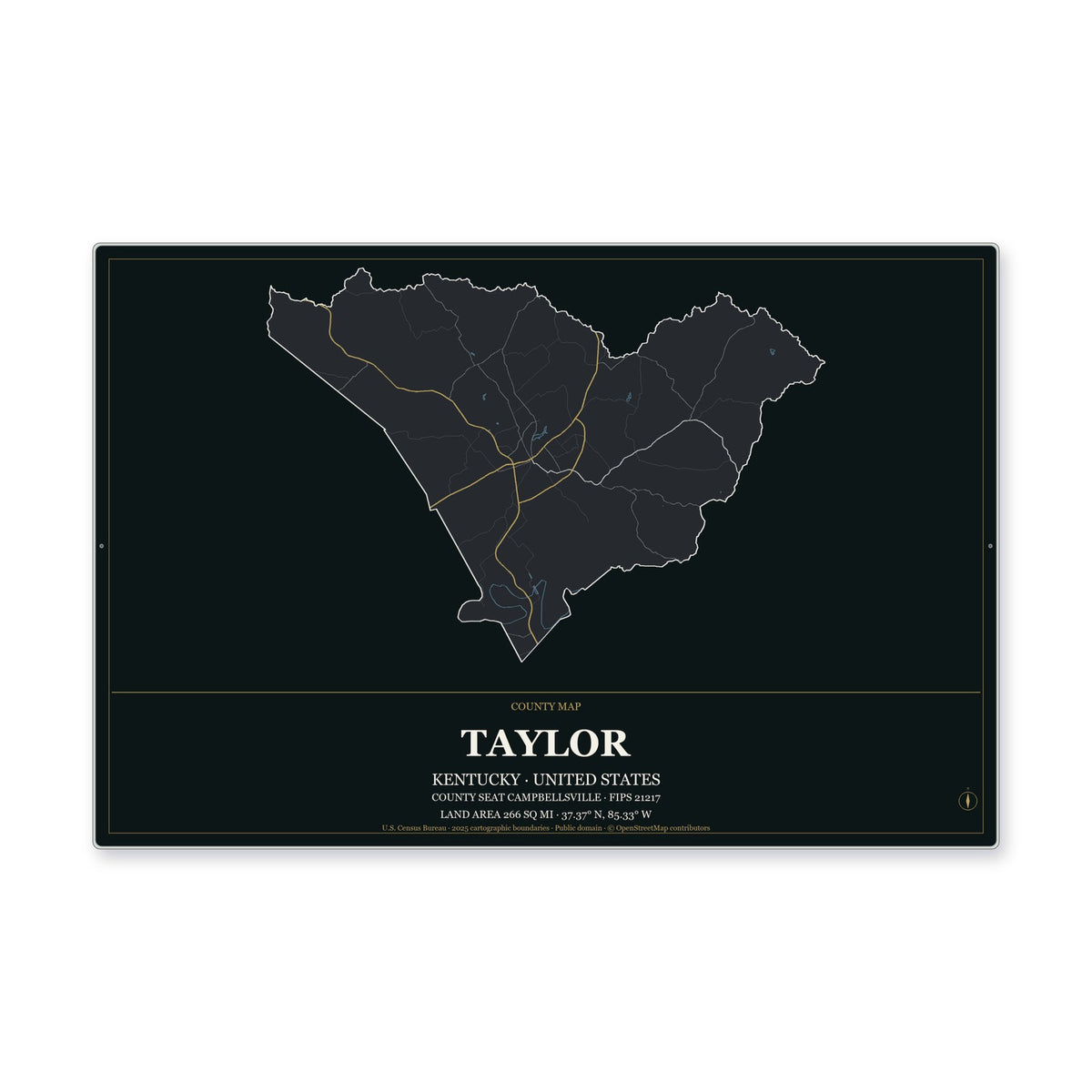 Taylor County, Kentucky Map Aluminum Sign in Metropolitan Noir style