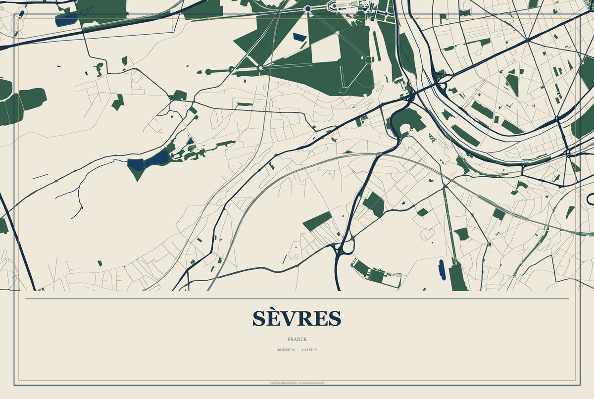 Sèvres, France City Map Aluminum Sign in Coastal Cutout style