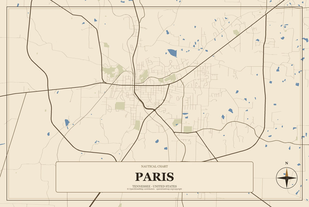 Paris, Tennessee City Map Aluminum Sign in Heritage Nautical style