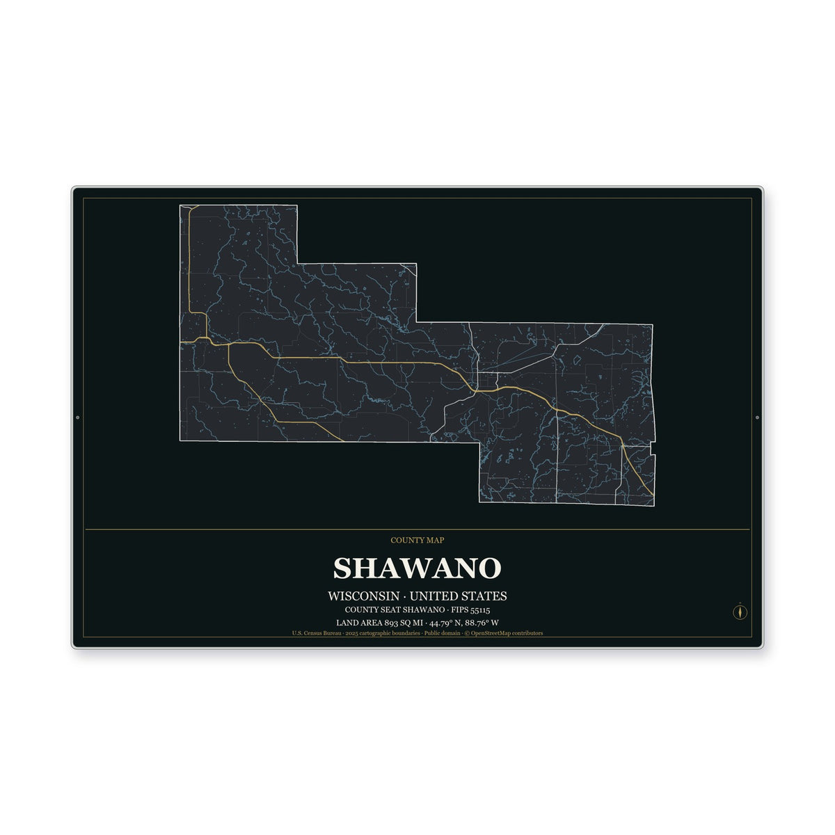 Shawano County, Wisconsin Map Aluminum Sign in Metropolitan Noir style