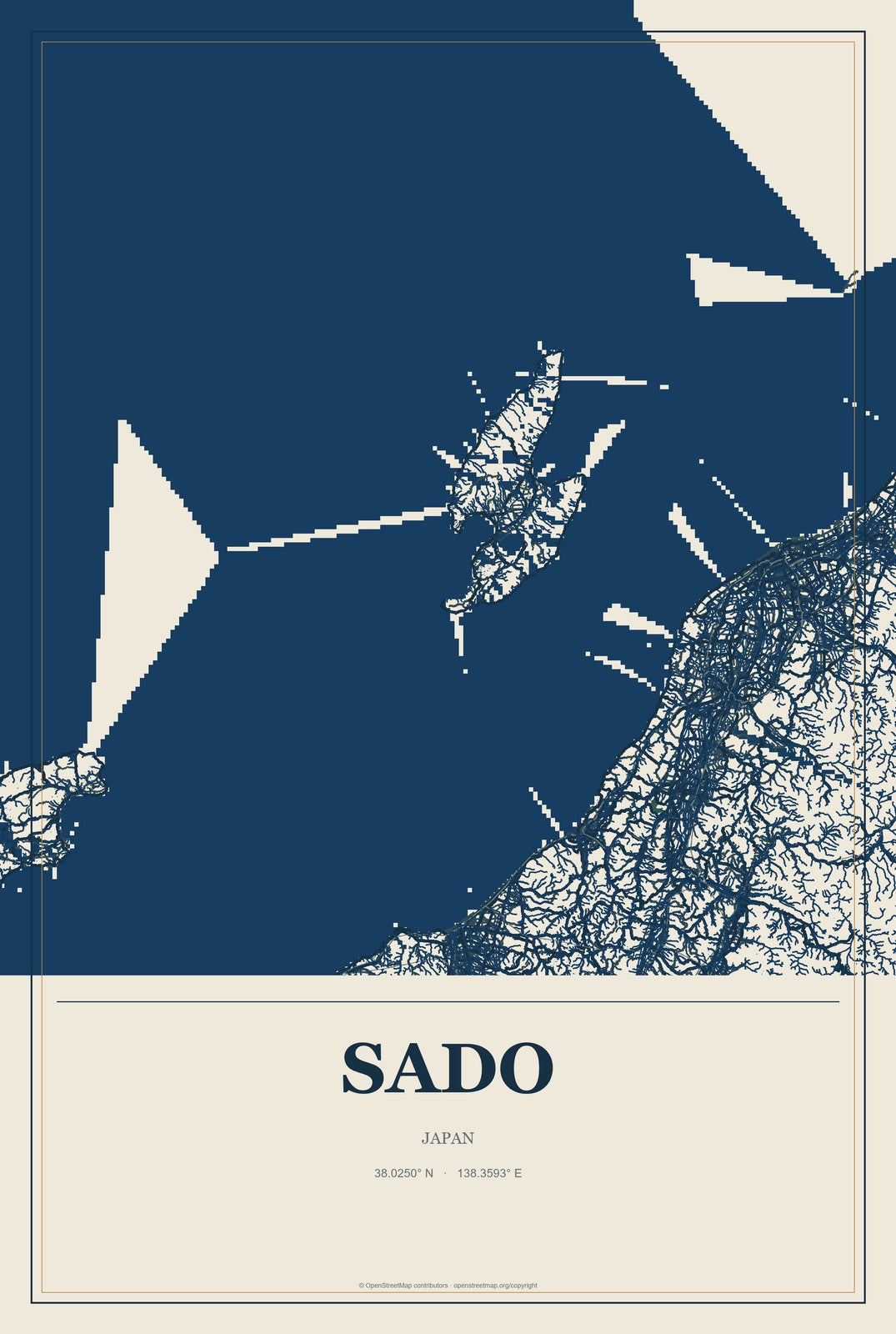 Sado, Japan City Map Aluminum Sign in Coastal Cutout style