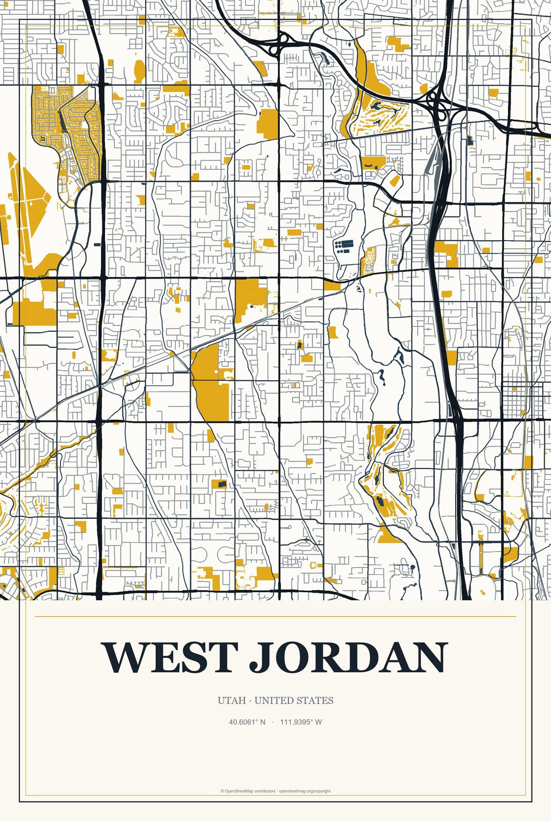 West Jordan, Utah City Map Aluminum Sign in Citrine Modern style
