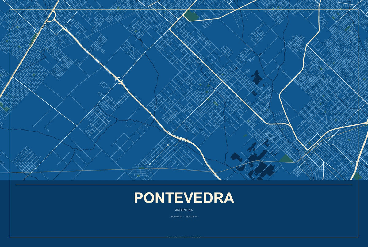 Pontevedra, Argentina City Map Aluminum Sign in Harbor Cobalt style