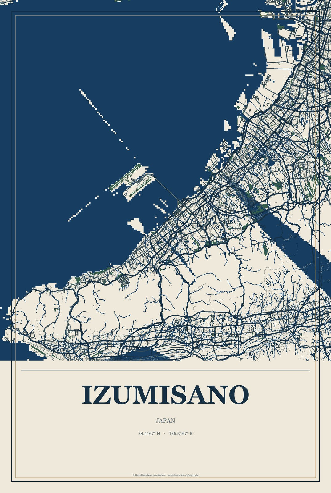 Izumisano, Japan City Map Aluminum Sign in Coastal Cutout style