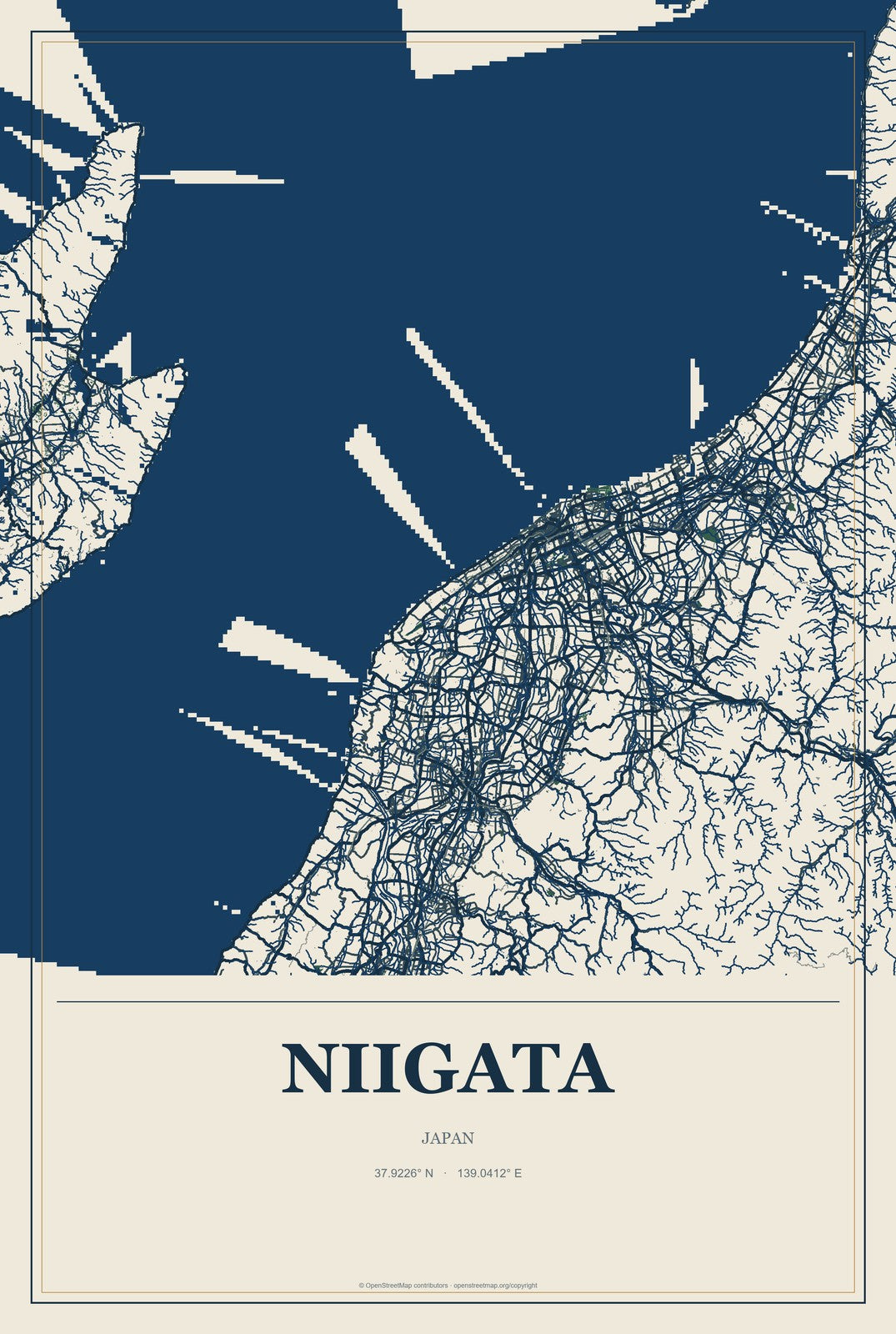 Niigata, Japan City Map Aluminum Sign in Coastal Cutout style