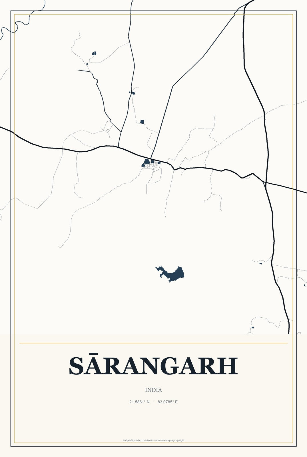 Sārangarh, India City Map Aluminum Sign in Citrine Modern style