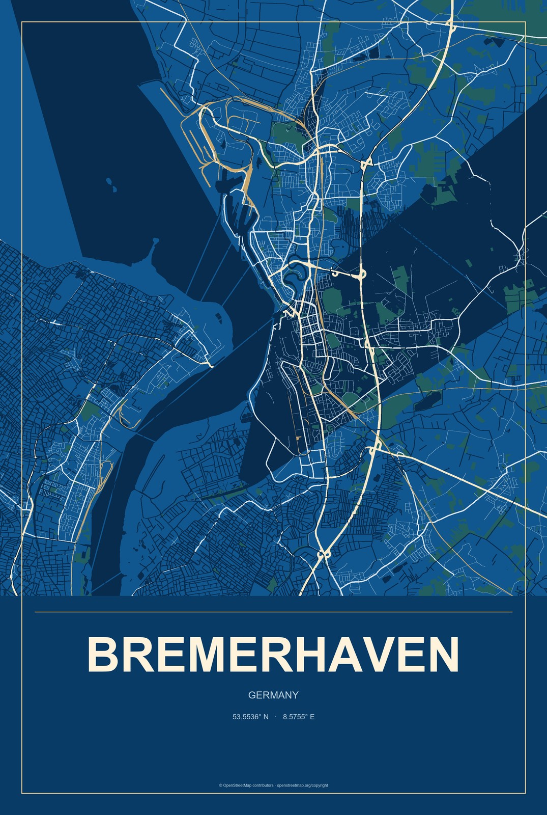 Bremerhaven, Germany City Map Aluminum Sign in Harbor Cobalt style