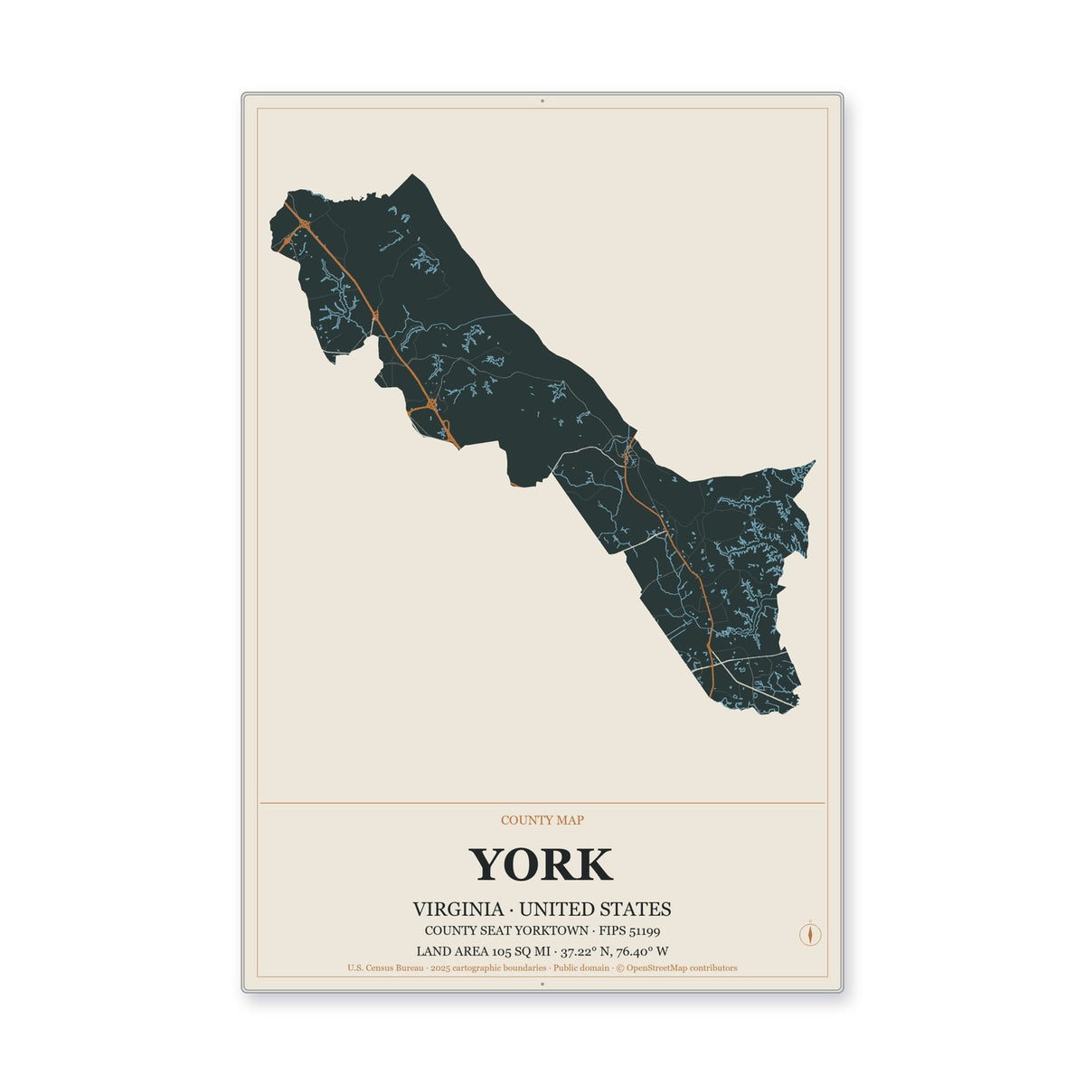 York County, Virginia Map Aluminum Sign in Headline Atlas style