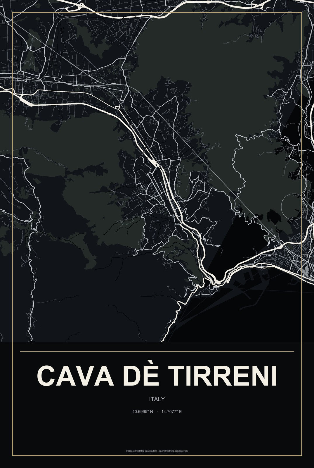 Cava Dè Tirreni, Italy City Map Aluminum Sign in Metropolitan Noir style