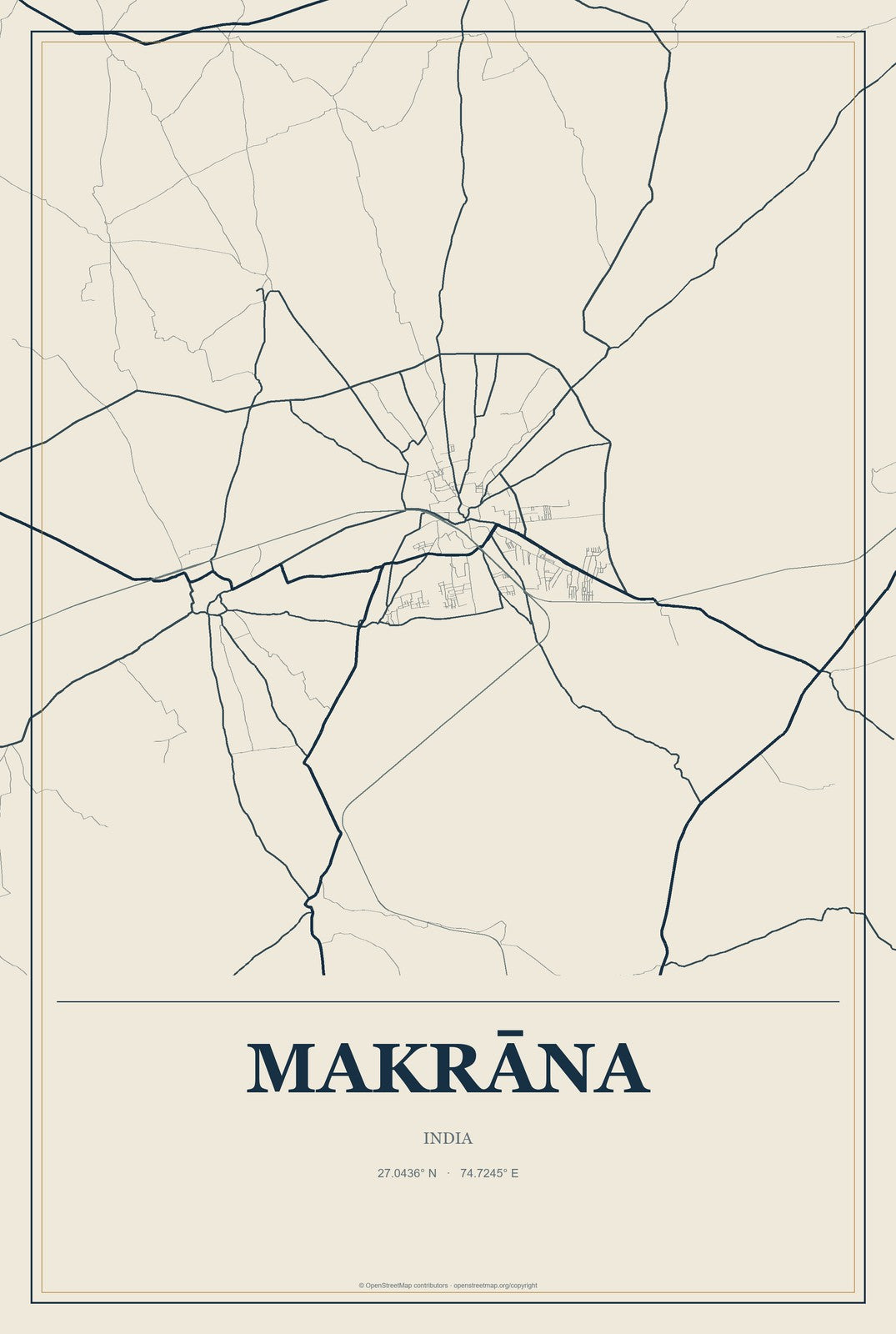 Makrāna, India City Map Aluminum Sign in Coastal Cutout style