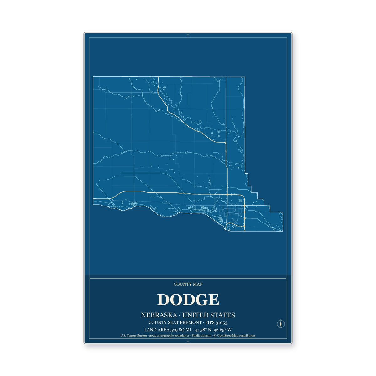 Dodge County, Nebraska Map Aluminum Sign in Harbor Cobalt style