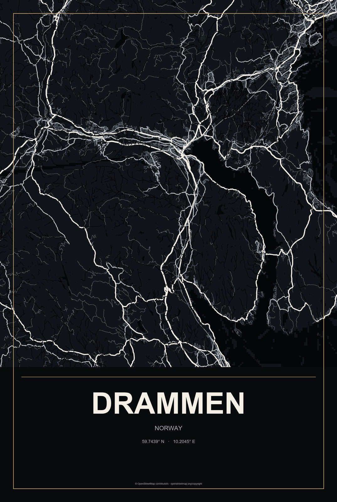Drammen, Norway City Map Aluminum Sign in Metropolitan Noir style