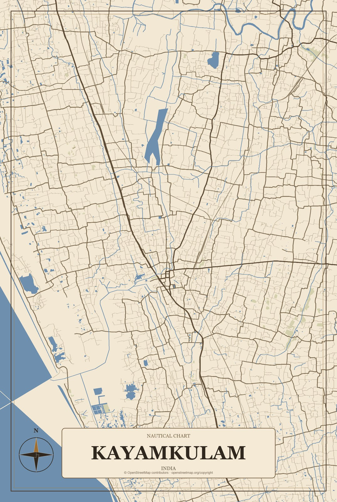 Kayamkulam, India City Map Aluminum Sign in Heritage Nautical style