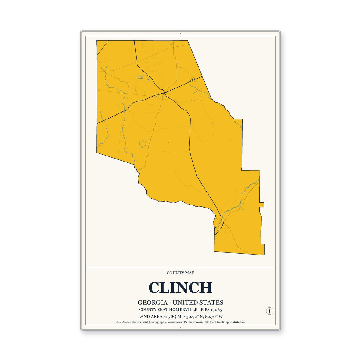 Clinch County, Georgia Map Aluminum Sign in Citrine Modern style