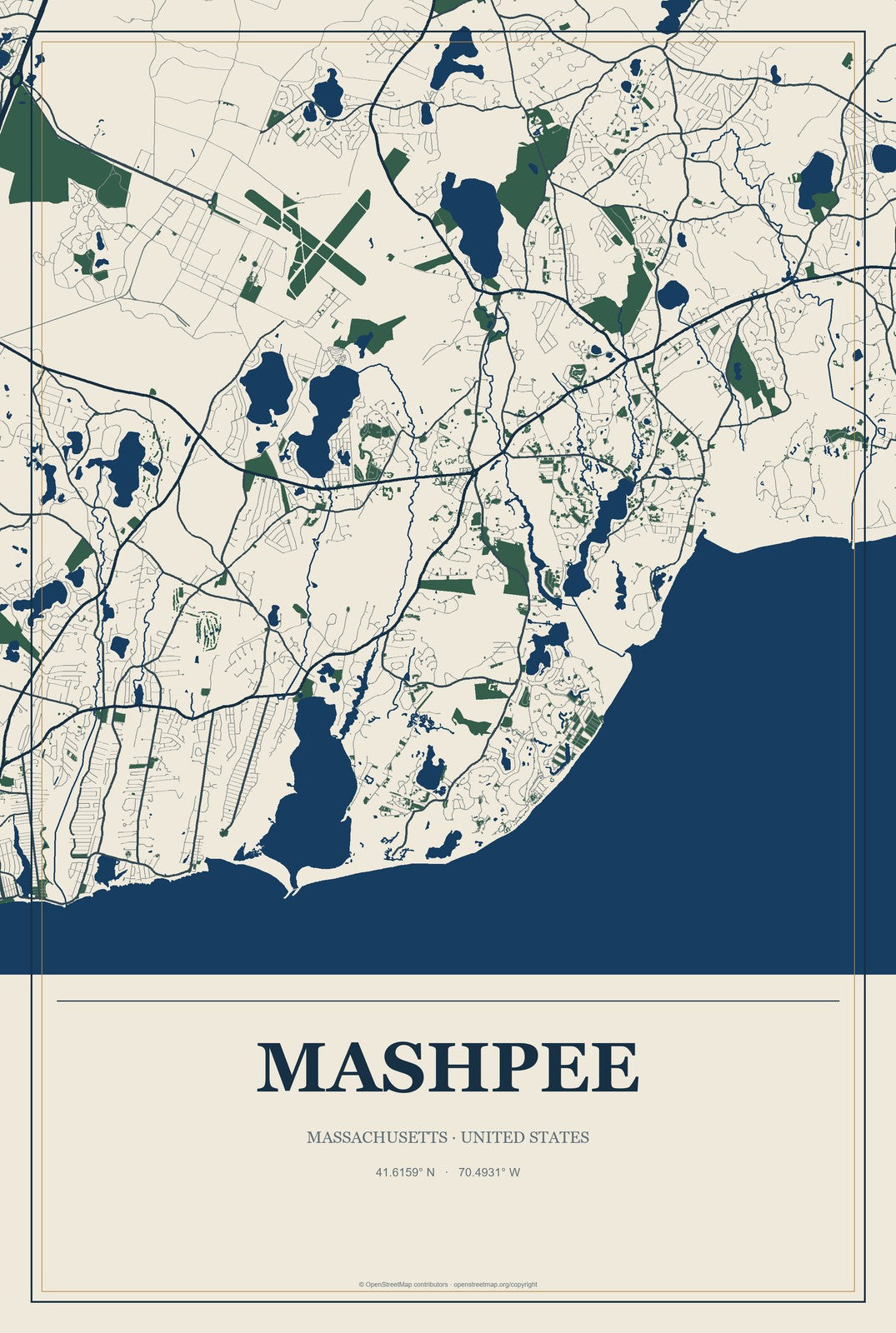 Mashpee, Massachusetts City Map Aluminum Sign in Coastal Cutout style