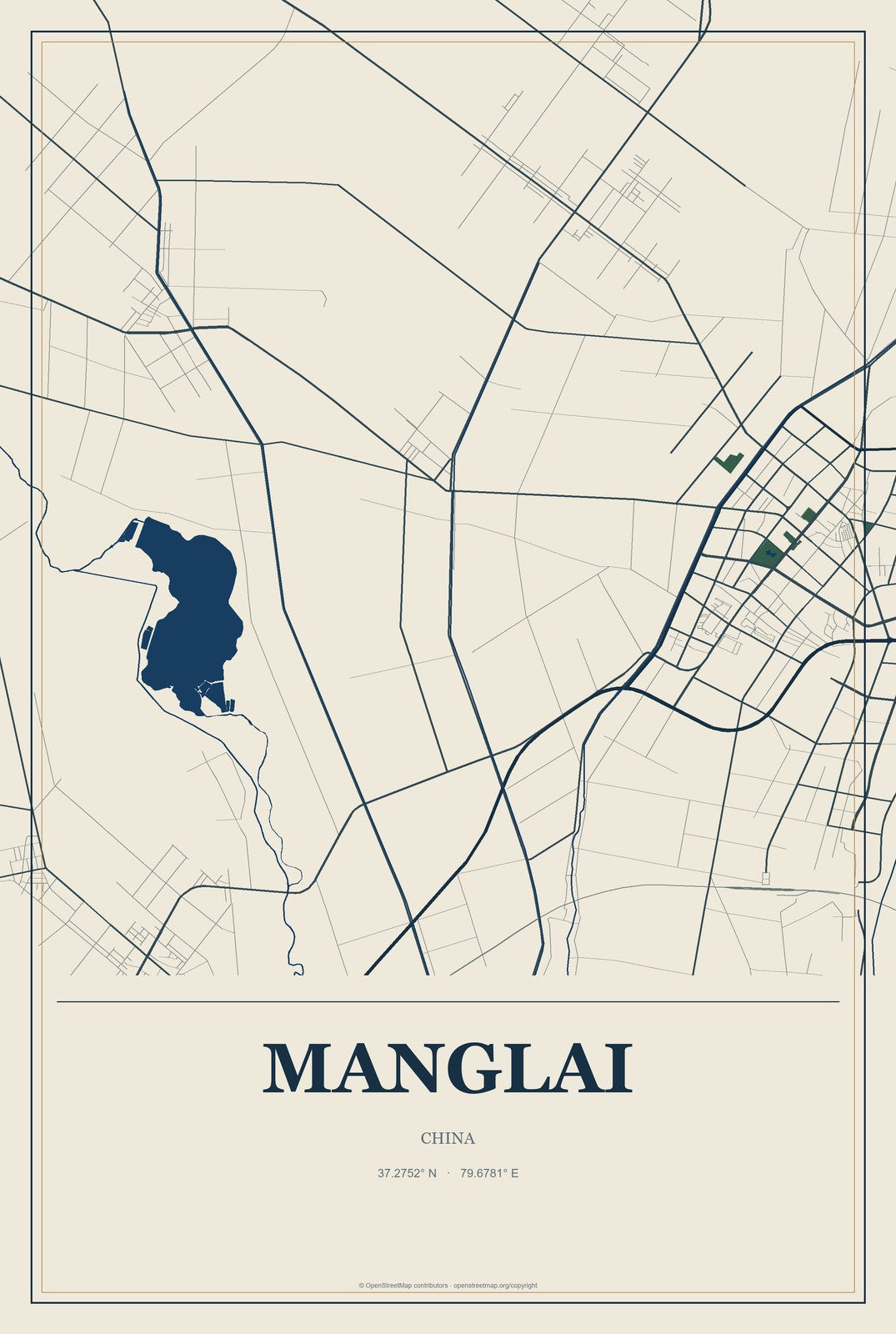 Manglai, China City Map Aluminum Sign in Coastal Cutout style