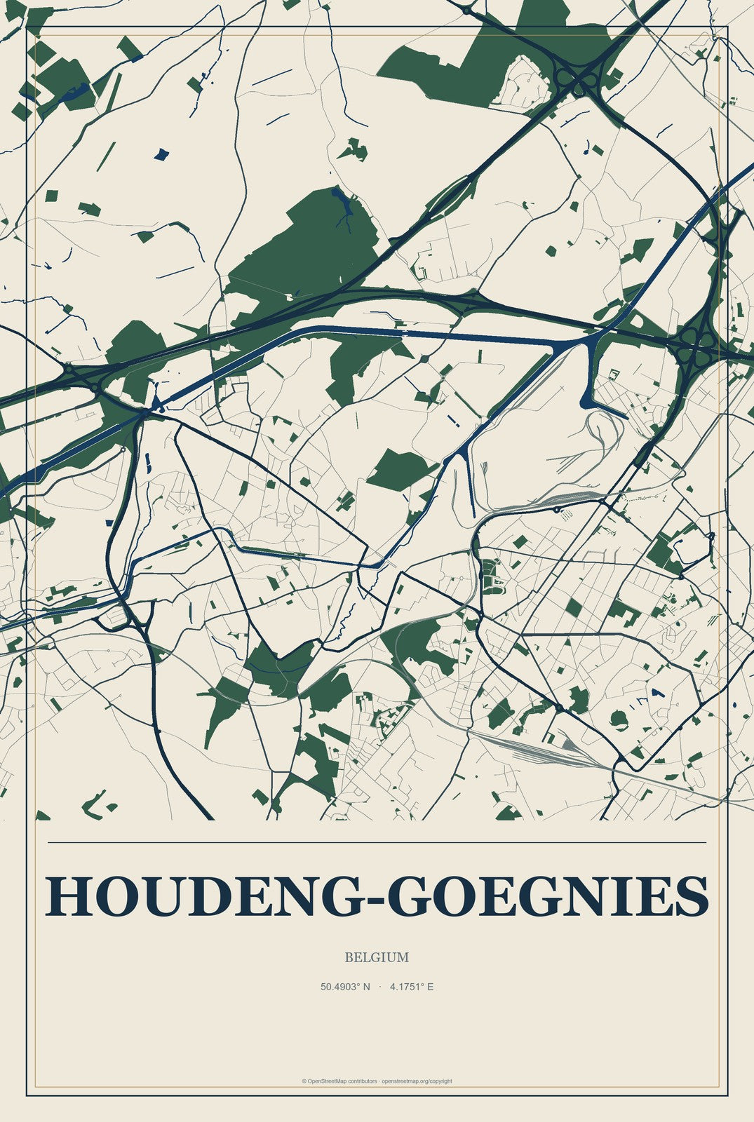 Houdeng-Goegnies, Belgium City Map Aluminum Sign in Coastal Cutout style