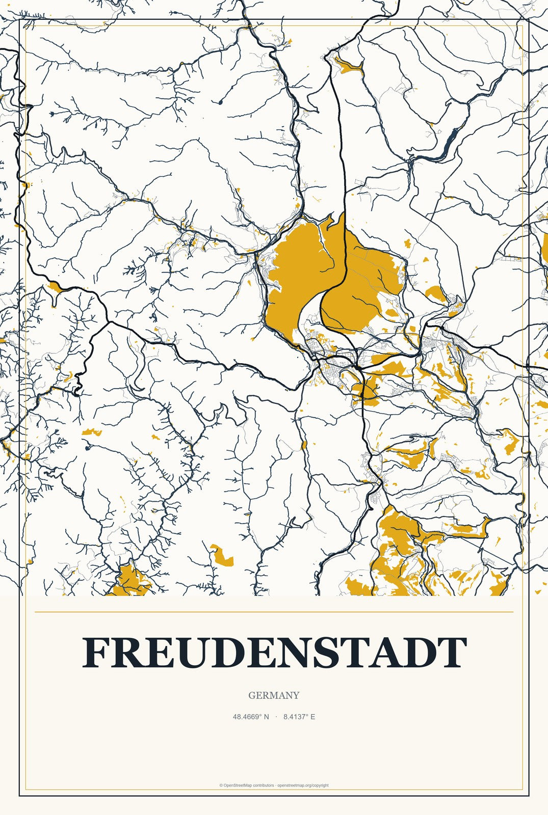 Freudenstadt, Germany City Map Aluminum Sign in Citrine Modern style