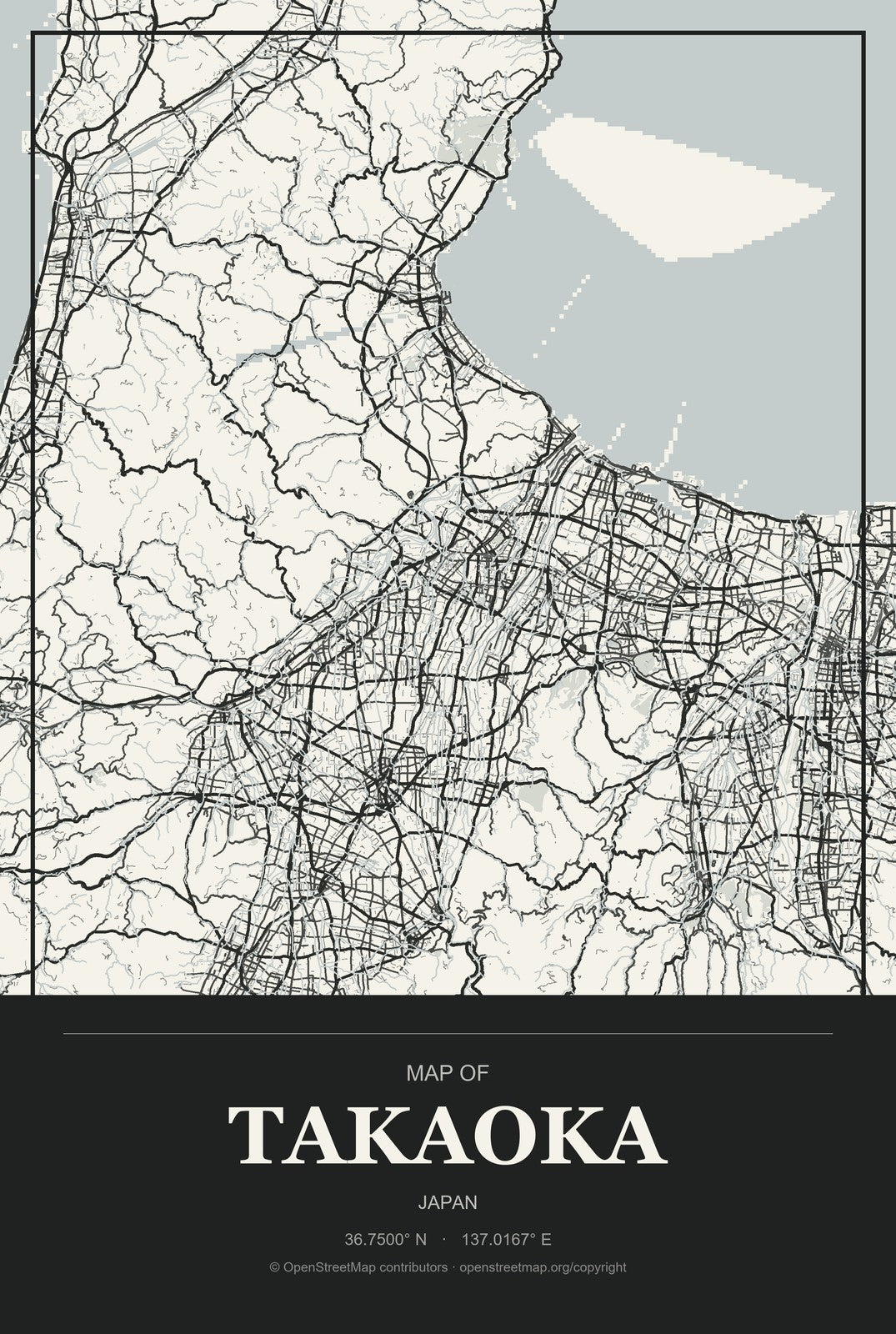 Takaoka, Japan City Map Aluminum Sign in Museum Plaque style