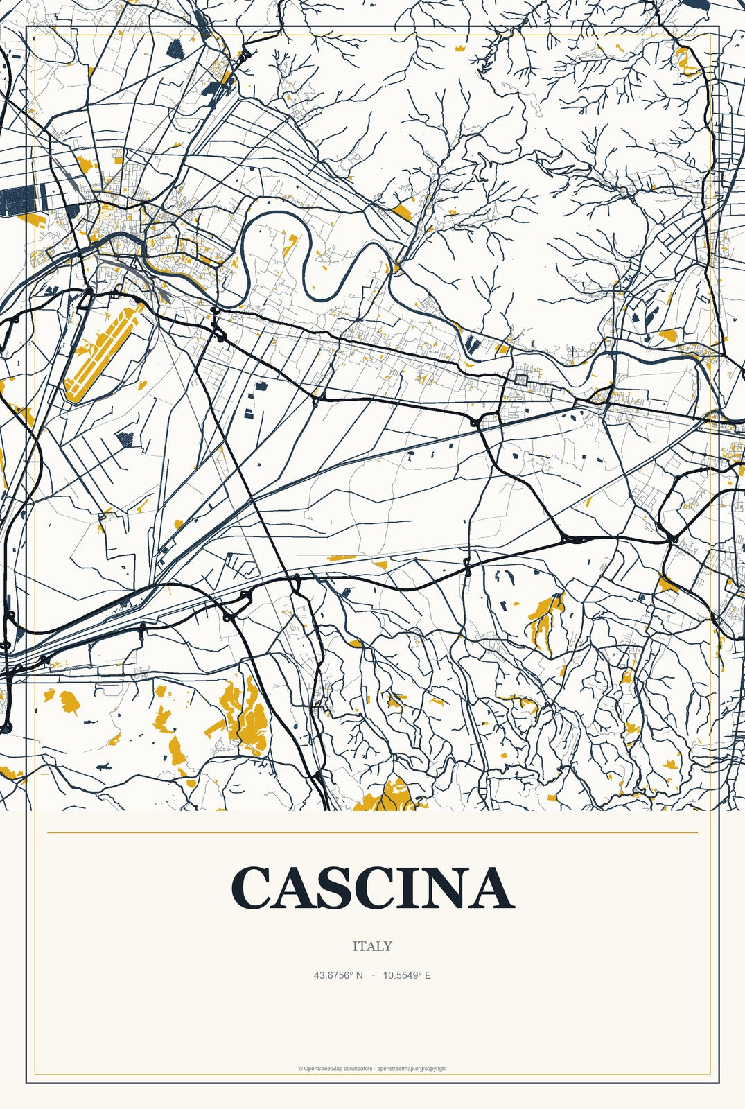 Cascina, Italy City Map Aluminum Sign in Citrine Modern style