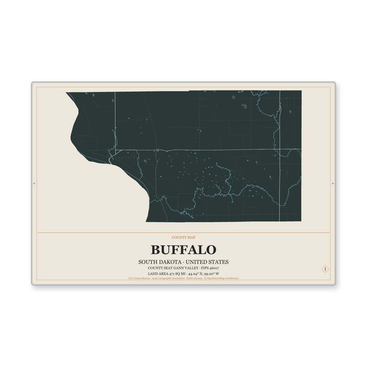 Buffalo County, South Dakota Map Aluminum Sign in Headline Atlas style