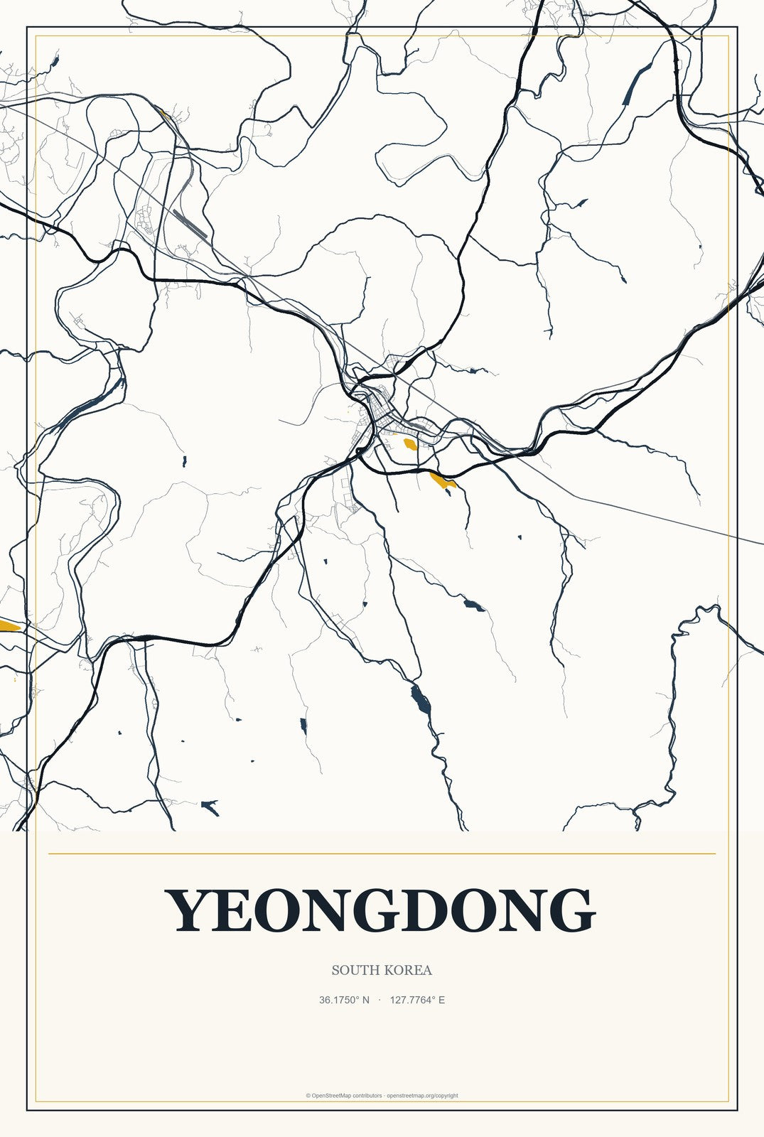 Yeongdong, South Korea City Map Aluminum Sign in Citrine Modern style