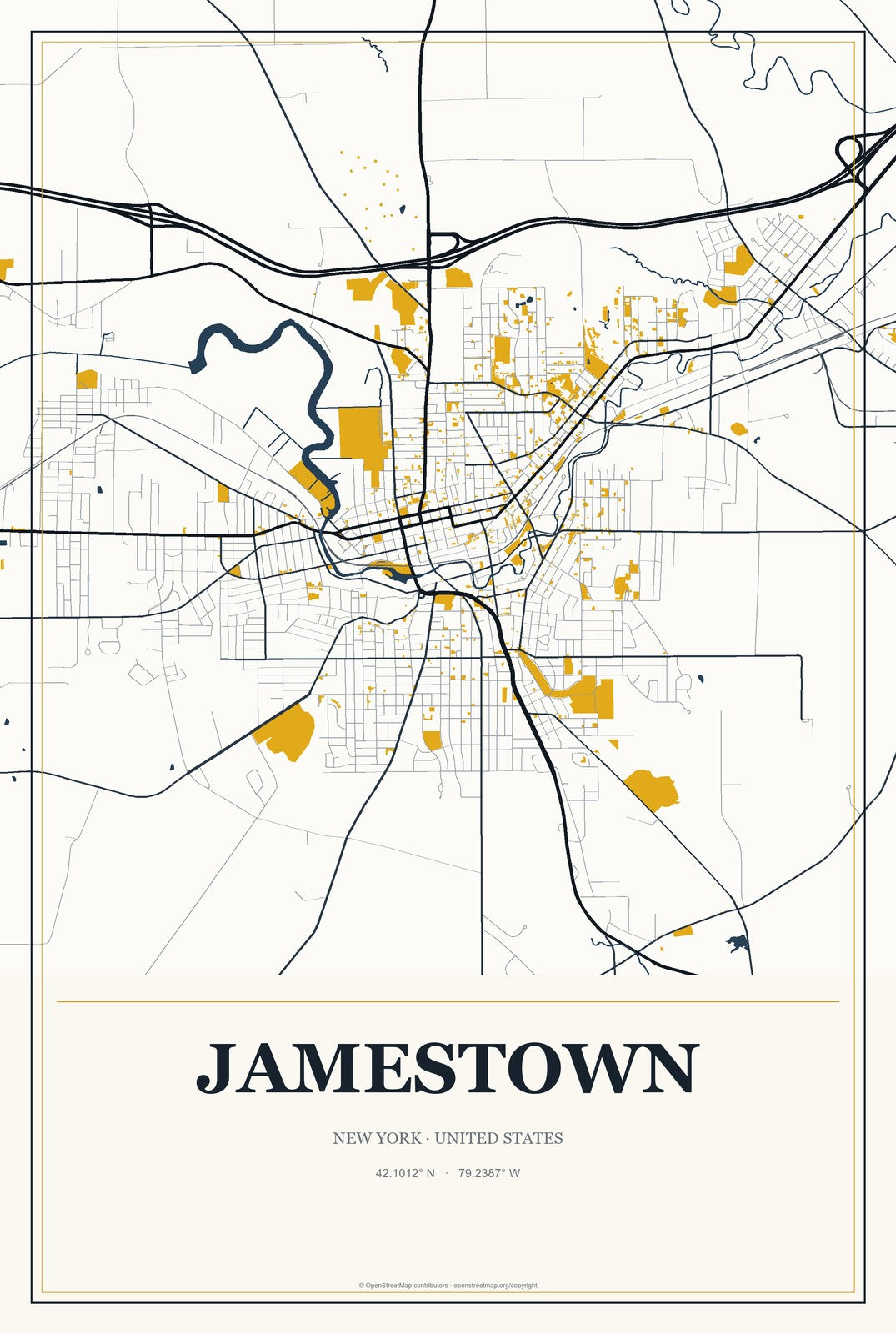 Jamestown, New York City Map Aluminum Sign in Citrine Modern style