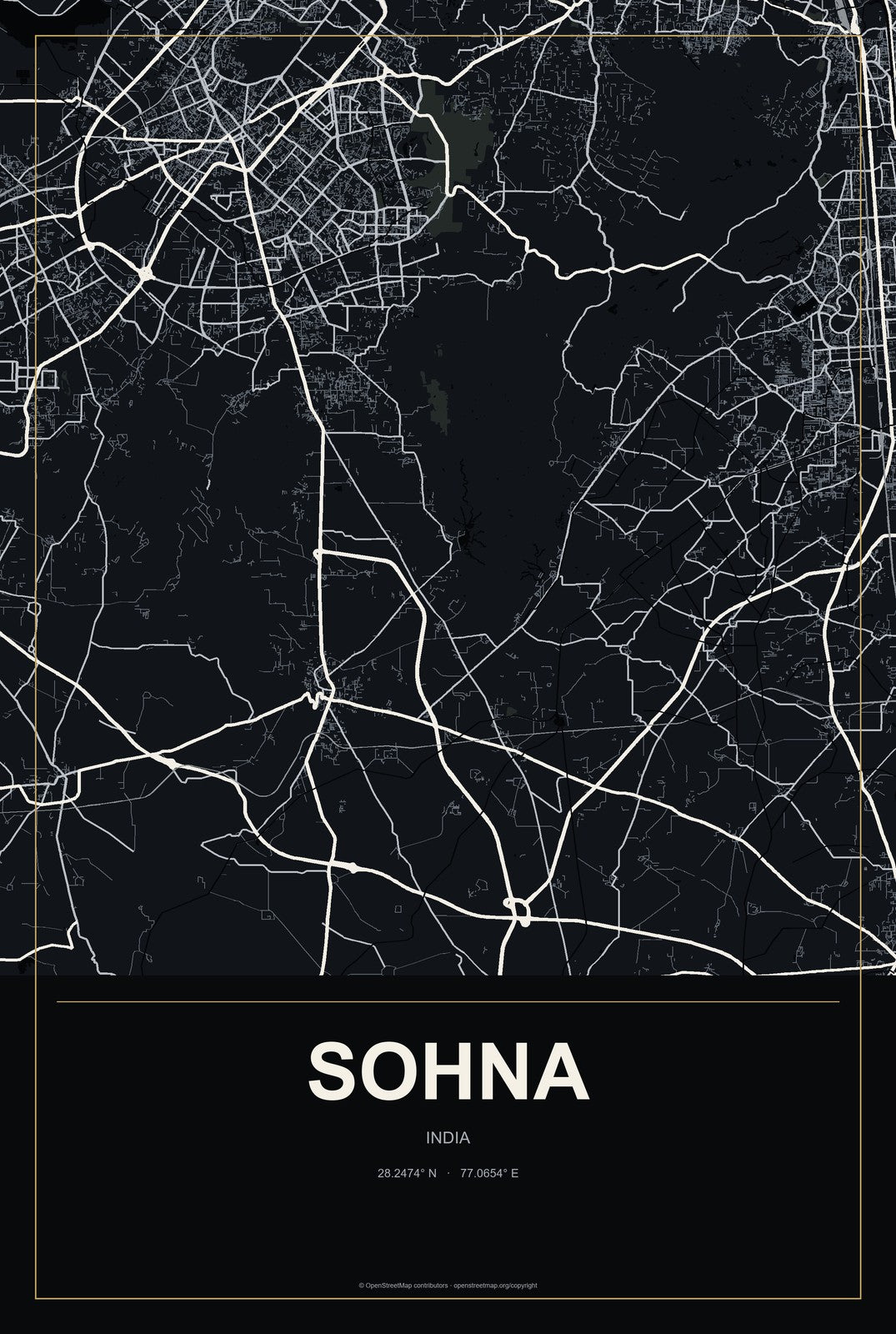 Sohna, India City Map Aluminum Sign in Metropolitan Noir style