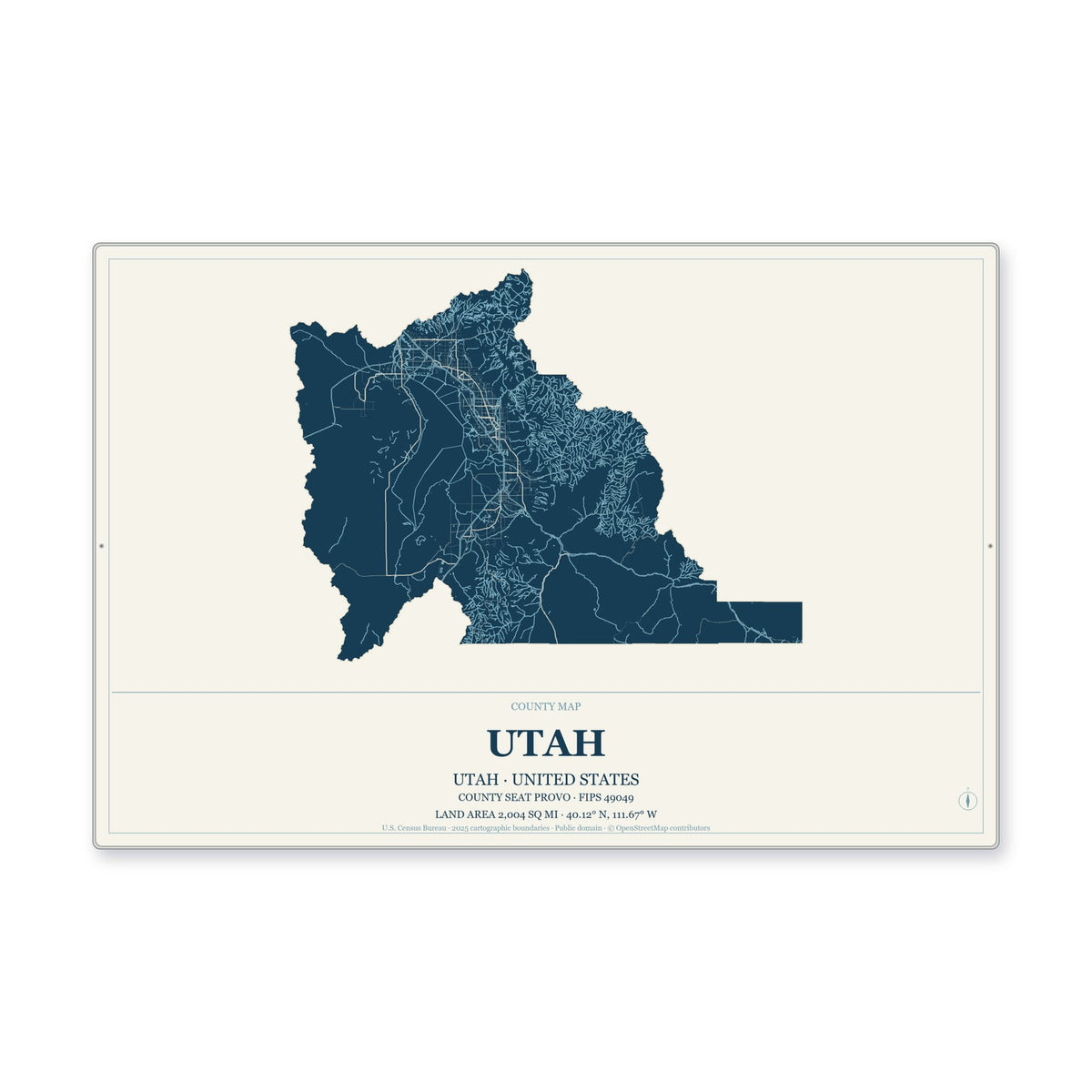 Utah County, Utah Map Aluminum Sign in Coastal Cutout style
