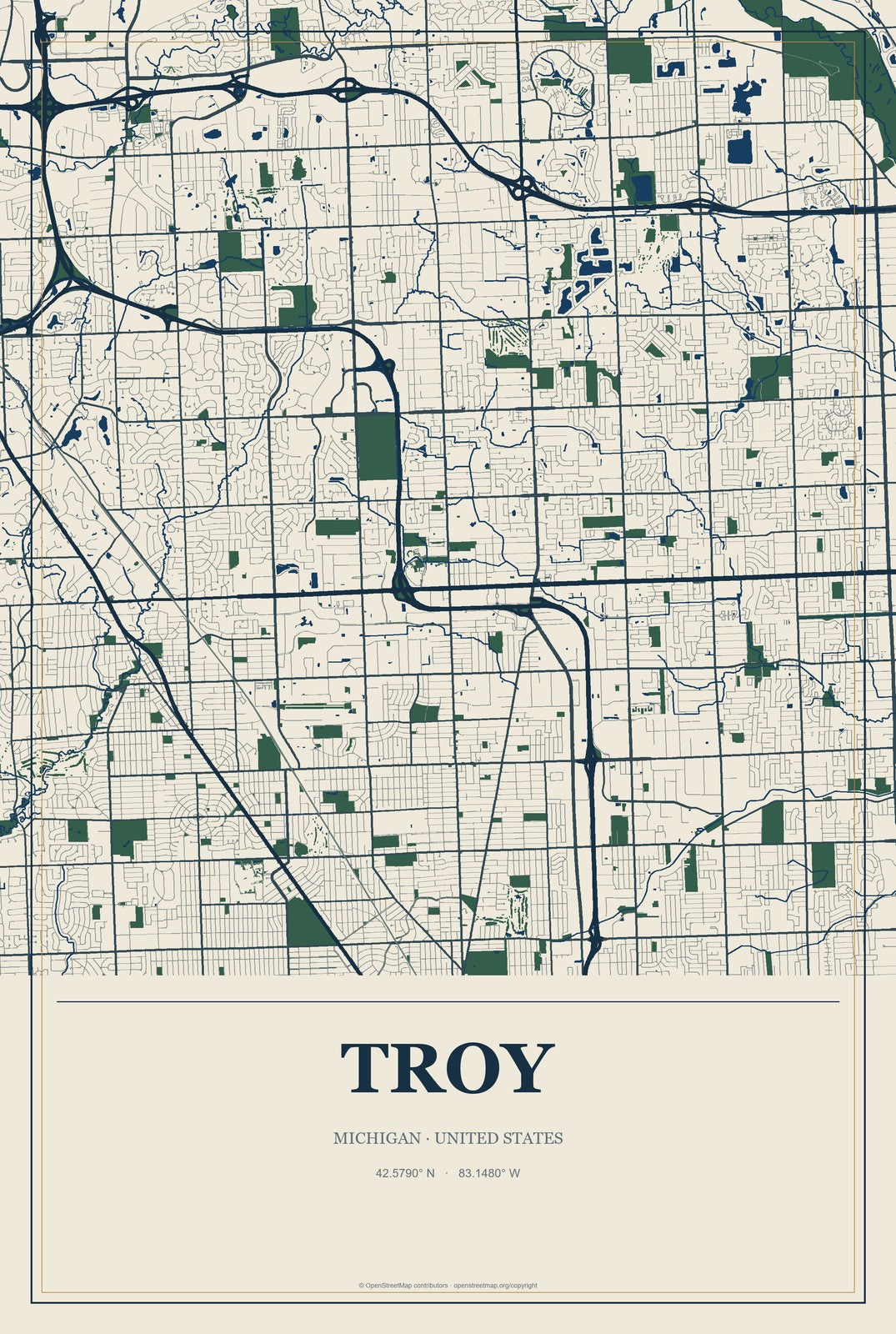 Troy, Michigan City Map Aluminum Sign in Coastal Cutout style